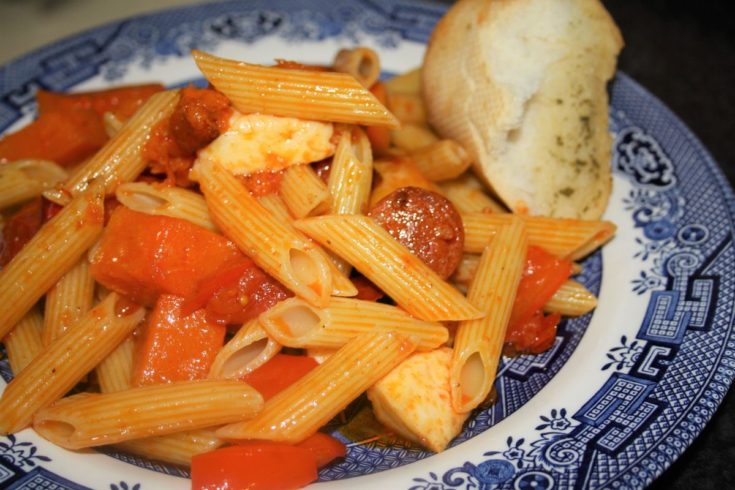 plate of pasta, halloumi, chorizo, peppers for family meal